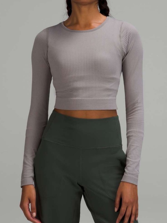 lululemon athletica Tops - Lululemon Ebb To Street Long Sleeve Shirt Grey Womens Size 6 Ribbed Crop Run Top